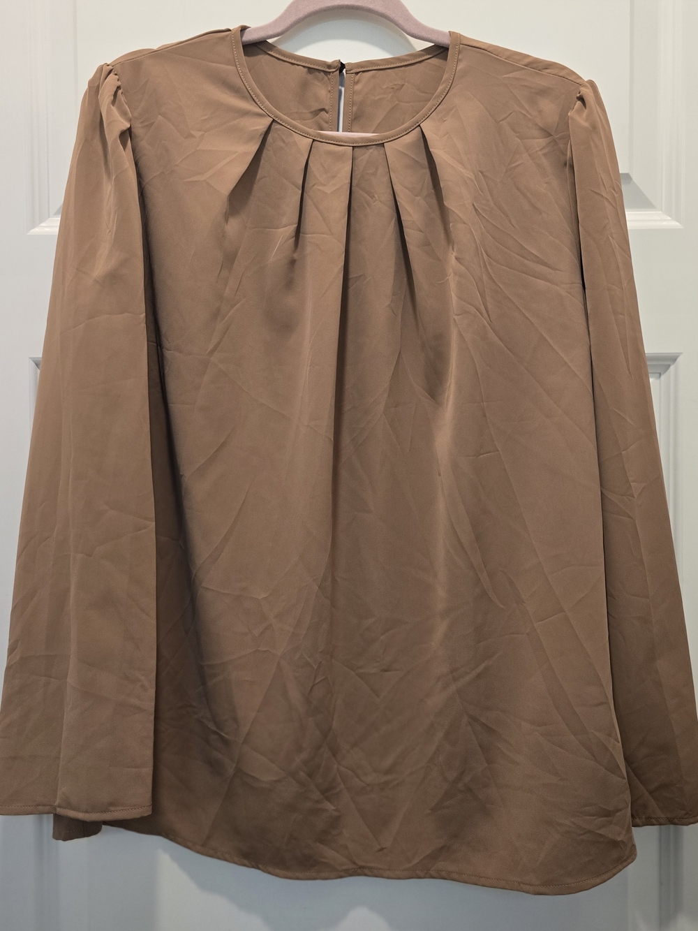 Simple Pleat-Neck Blouse in Camel